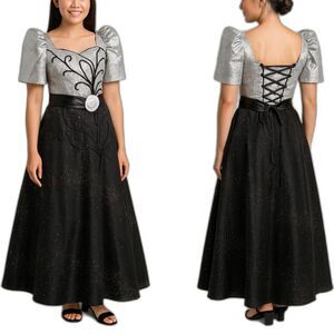 Filipiniana Terno Gown Black/Silver Floral — Gently Used (Minor Bead Loss)
